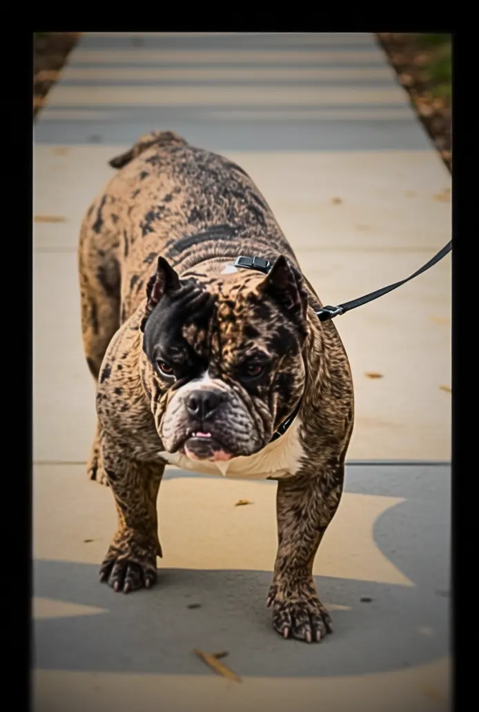 American Bully stud dog: Brindle American Bully standing on a sidewalk with a leash