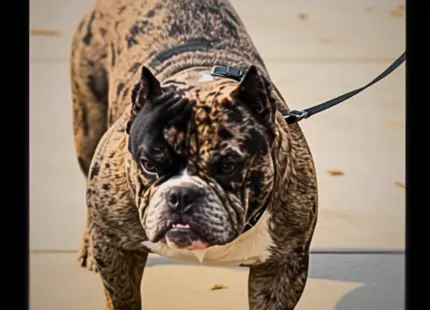 American Bully stud dog: Brindle American Bully standing on a sidewalk with a leash