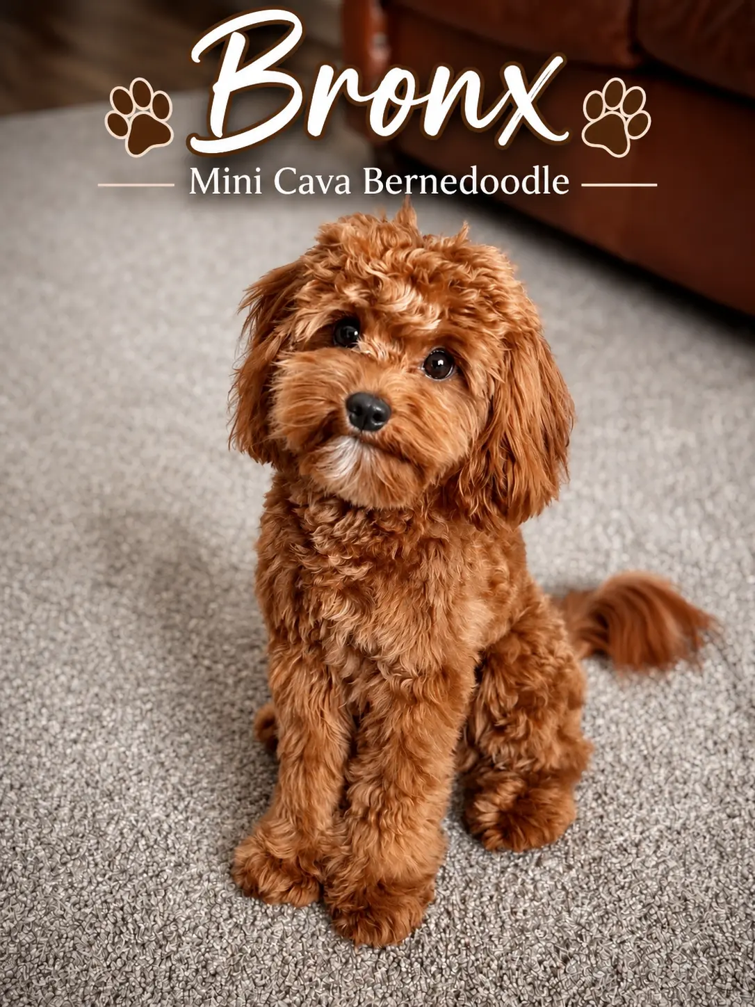 Mixed Breed stud dog: Fluffy reddish-brown dog sitting on a carpeted floor