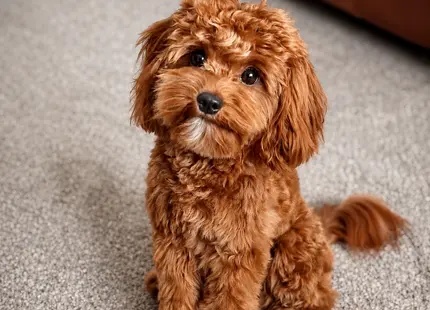 Mixed Breed stud dog: Fluffy reddish-brown dog sitting on a carpeted floor