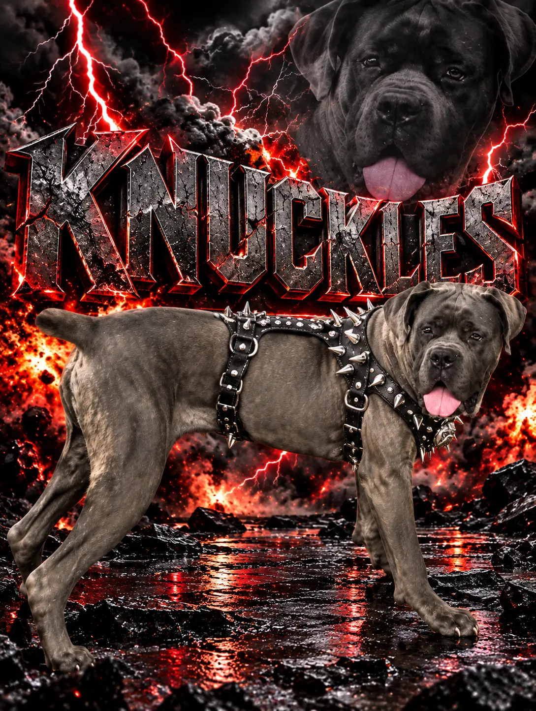 Cane Corso stud dog: Cane Corso with a muscular build and spiked harness in a dramatic setting