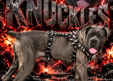 Cane Corso stud dog: Cane Corso with a muscular build and spiked harness in a dramatic setting