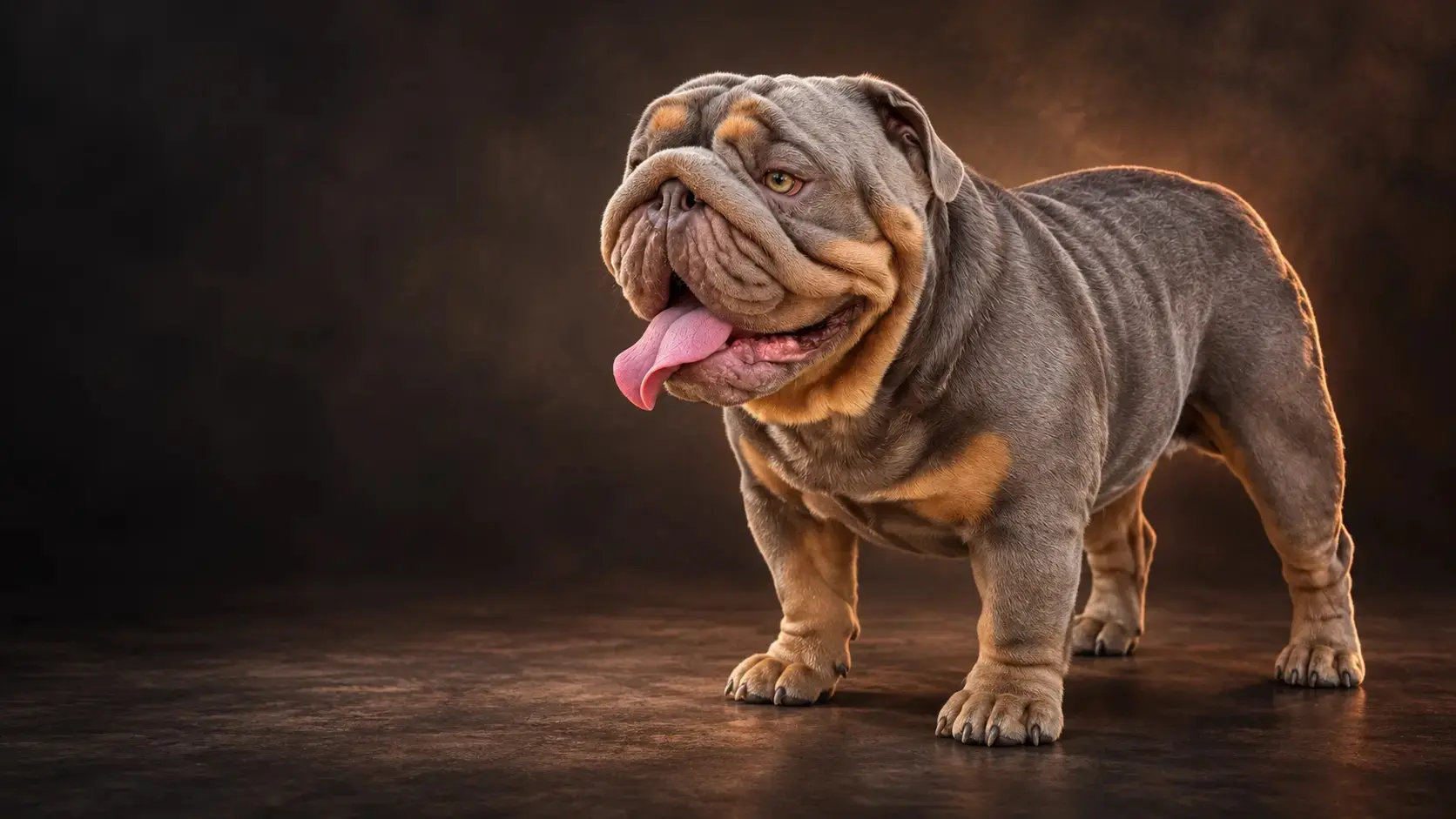 English Bulldog stud dog: Gray and tan English Bulldog standing with tongue out