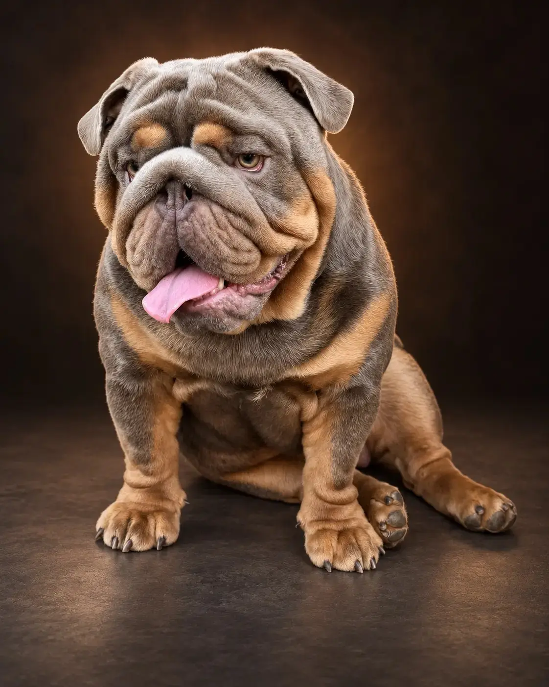 English Bulldog stud dog: Gray and tan English Bulldog sitting with tongue out