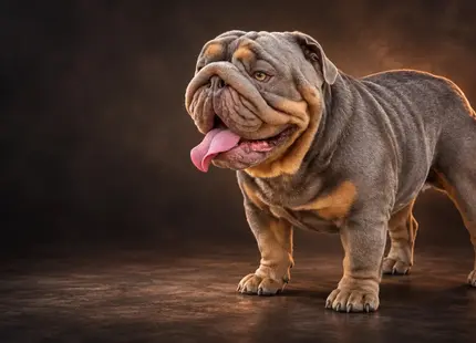 English Bulldog stud dog: Gray and tan English Bulldog standing with tongue out