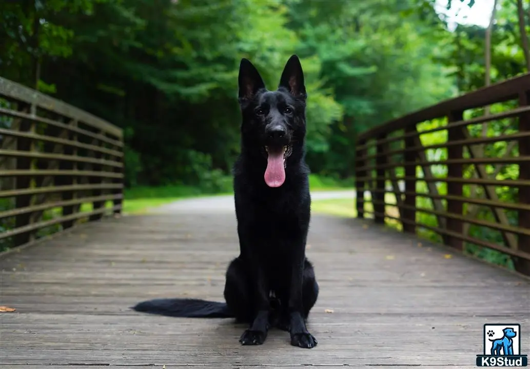 German Shepherd stud dog: a black german shepherd dog sitting on a wooden deck