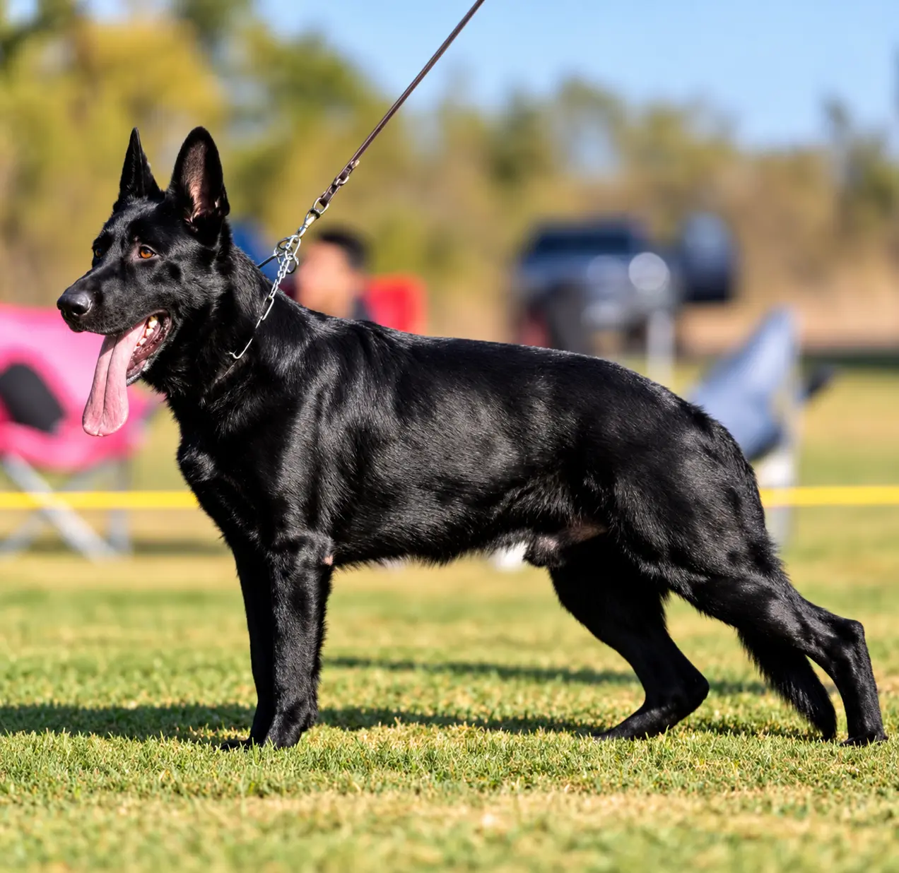 German Shepherd dog for sale: Black German Shepherd standing on grass with tongue out
