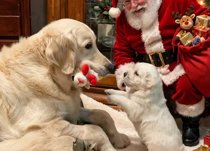 Golden Retriever puppy for sale: Golden Retrievers with Santa Claus and Christmas decorations nearby