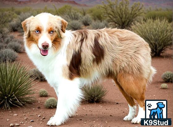 a australian shepherd dog standing in a desert