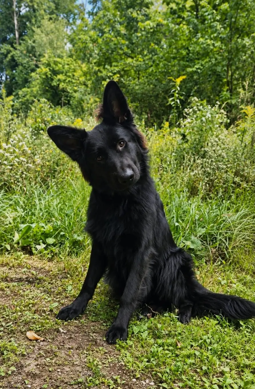 German Shepherd puppy for sale: Black German Shepherd sitting in a grassy outdoor setting