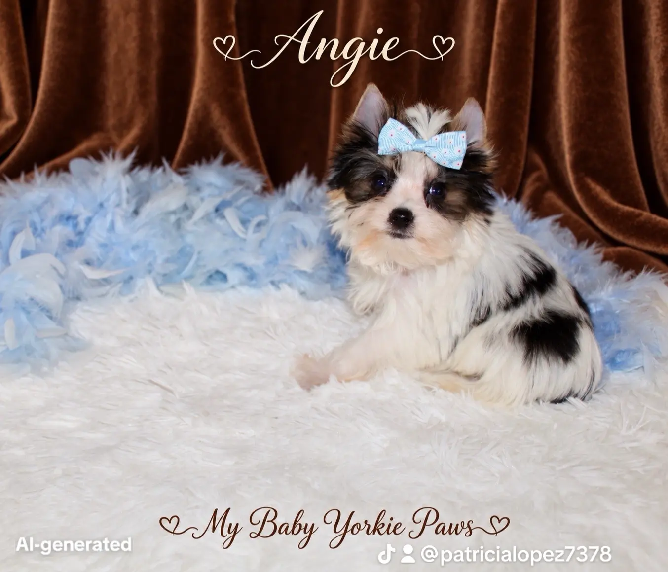 Yorkshire Terrier puppy for sale: Black and white Yorkshire Terrier puppy with a blue bow, sitting on a fluffy surface