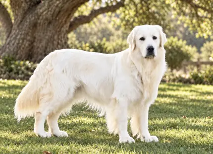 Golden Retriever stud dog: Fluffy white Golden Retriever standing on green grass outdoors