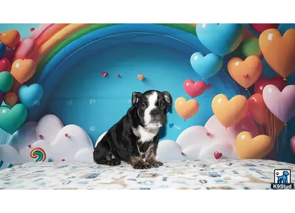 a english bulldog dog sitting on a bed with balloons