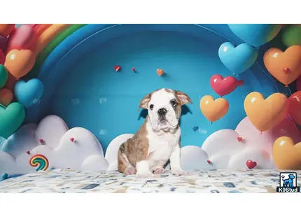 a english bulldog dog sitting in a room with balloons