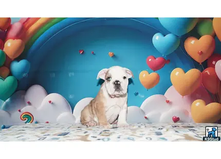 a english bulldog dog sitting in a room with balloons