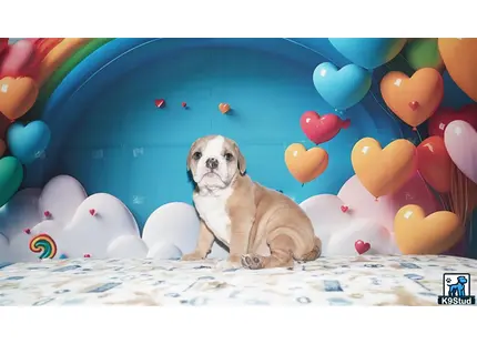 a english bulldog dog sitting on a bed with balloons around it