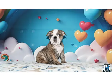 a english bulldog dog sitting on a bed with balloons in the background