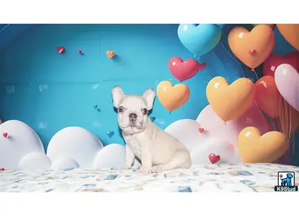 a french bulldog dog sitting on a bed with balloons