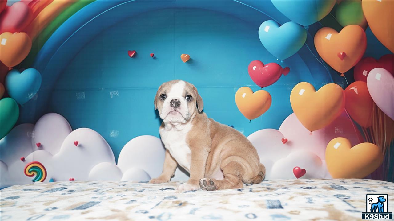 a english bulldog dog sitting on a bed with balloons around it