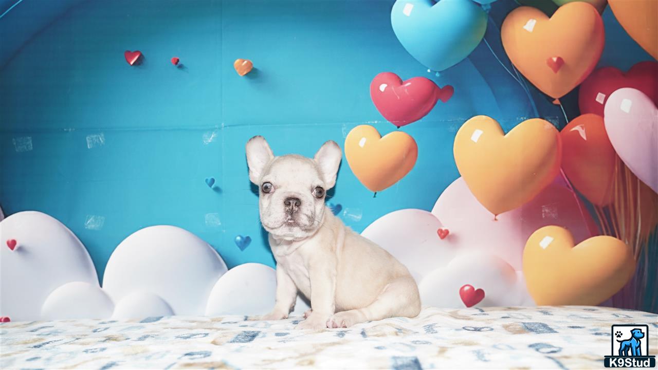 a french bulldog dog sitting on a bed with balloons