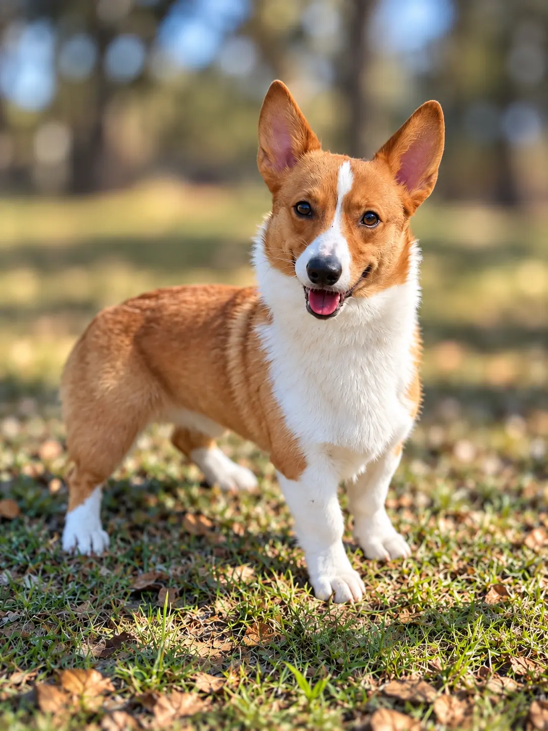 Pembroke Welsh Corgi stud dog: Tri-color Pembroke Welsh Corgi standing on grass, smiling