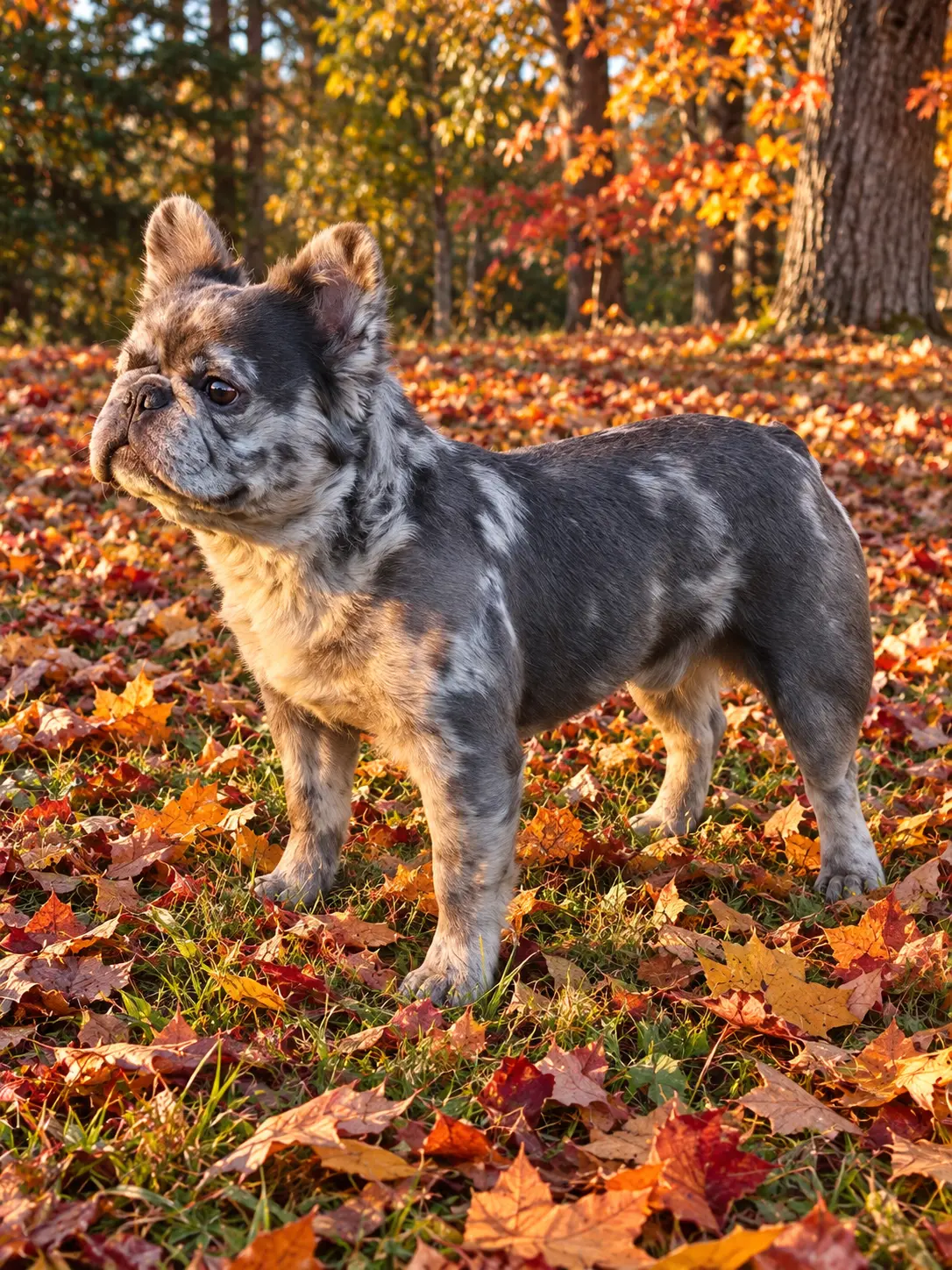 French Bulldog stud dog: Blue brindle French Bulldog standing among colorful autumn leaves