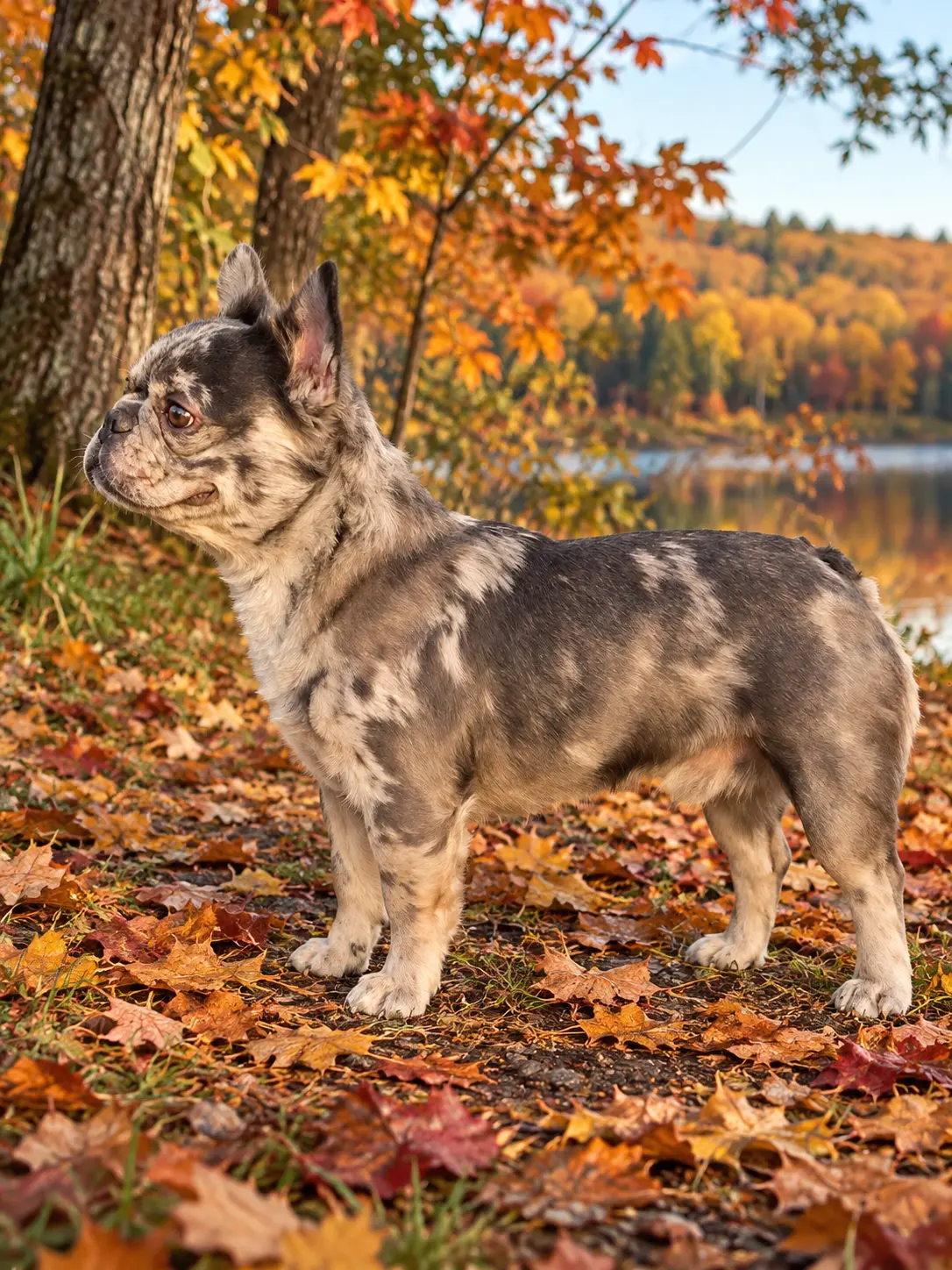 French Bulldog stud dog: Brindle French Bulldog standing among colorful autumn leaves by a lake