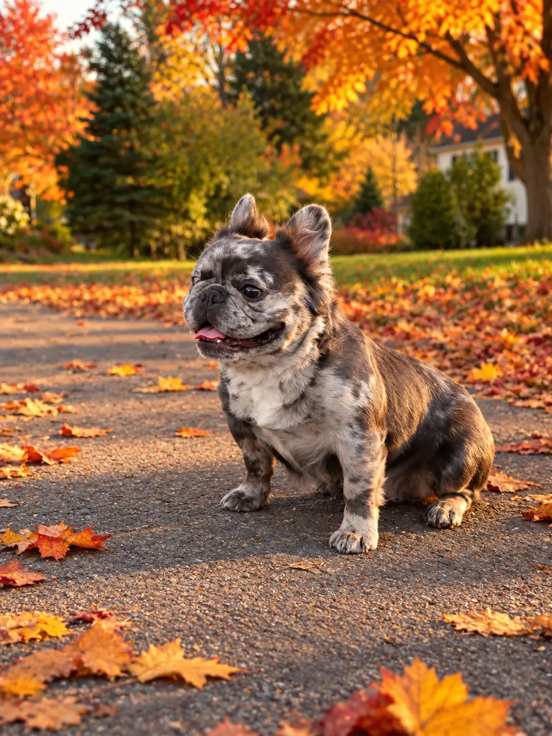 French Bulldog stud dog: Brindle French Bulldog sitting among colorful autumn leaves